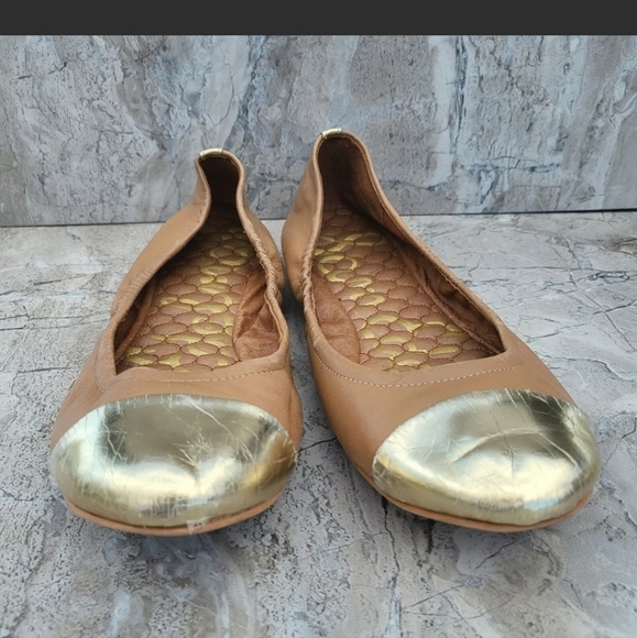 Sam Edelman Women's 7.5 Baxton 2 Tan Leather Gold Cap Toe Slip On Ballet Flats - Picture 2 of 11